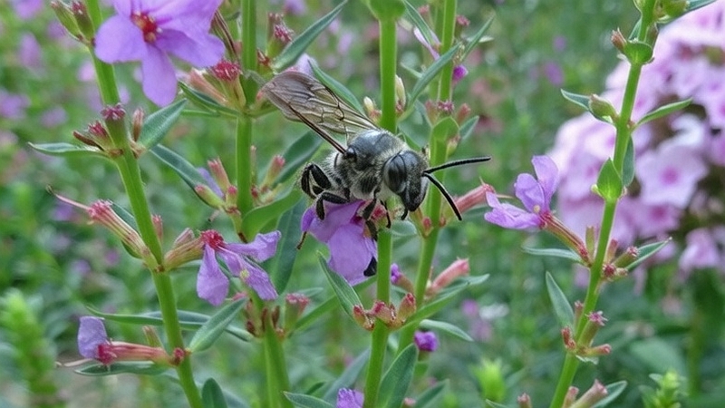 ミソハギの花のシロスジヒゲナガハナバチ♀ 川崎市幸区さいわいふるさと公園